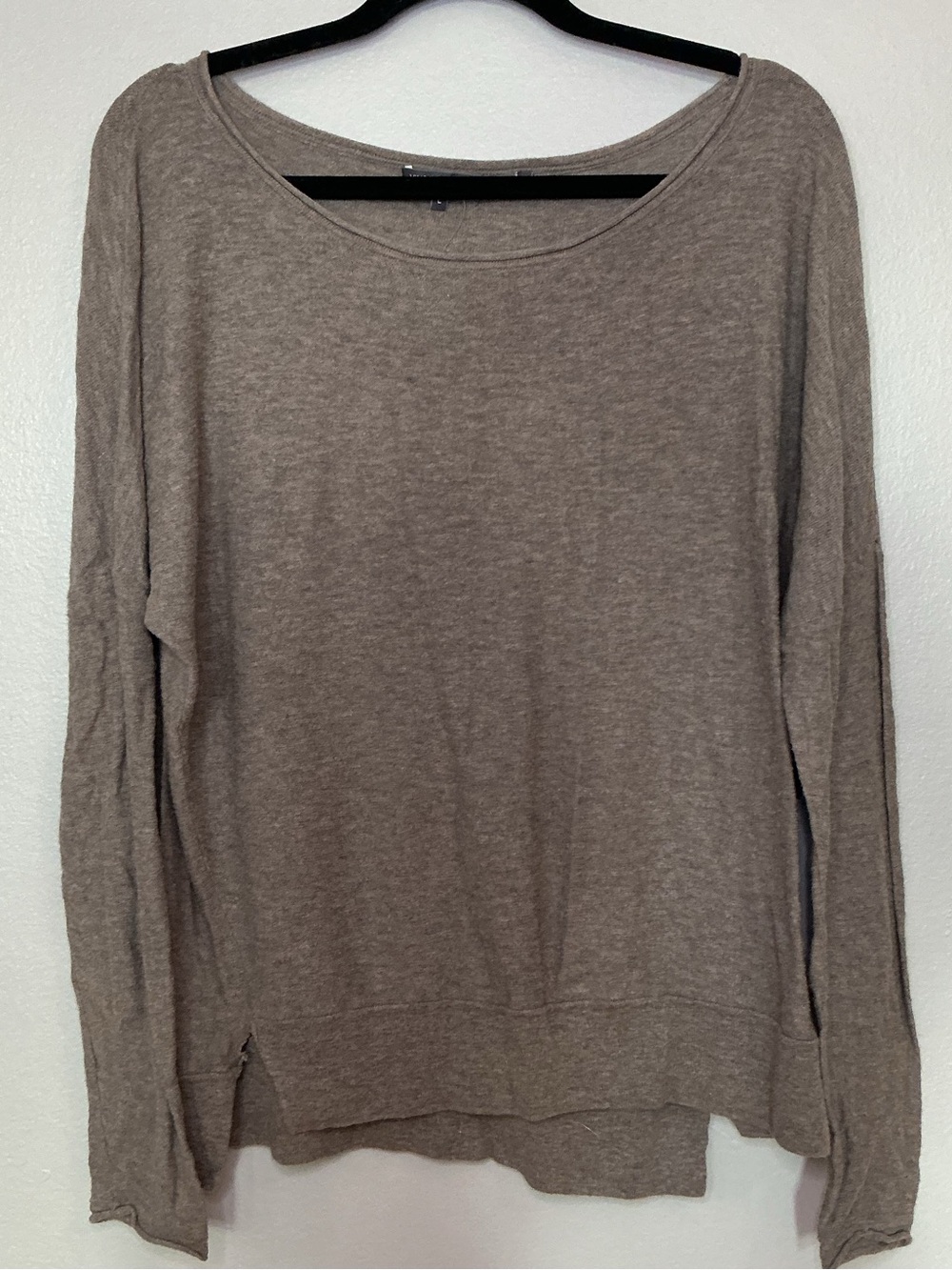 Vince Essential Cotton Taupe Scoop Neck Slouchy Long-Sleeve Knit Tee Size Large